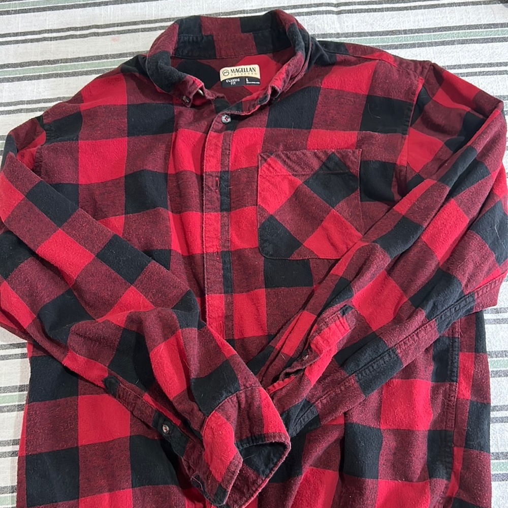 Red and black Magellan outdoors classic fit plaid shirt.